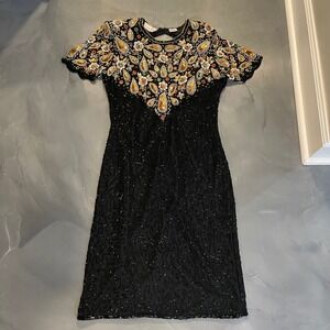 Laurence Kazar Vintage Black Silk Beaded Sequin Cocktail Dress Small Glam Formal